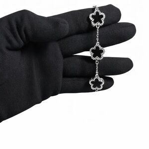 Swarovski Silver-Tone Floral Link Bracelet with Black Accents